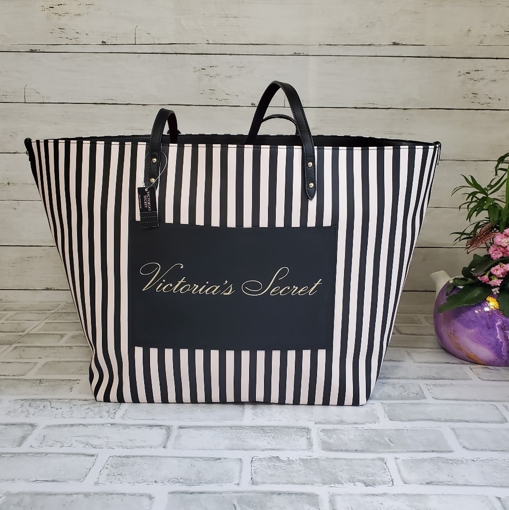 Victoria’s Secret Striped Weekend Tote Bag NWT Black Pink Stripes